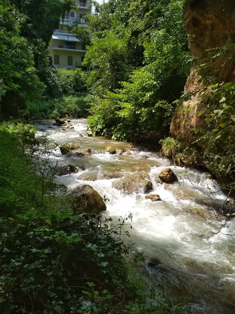 The Tripotamos flowing through a wooded gorge